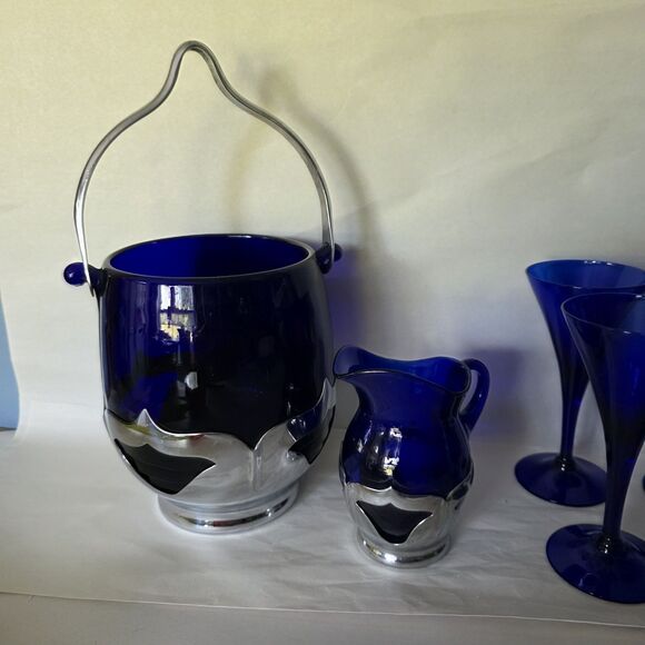 Lot Vintage Farber Bros Cobalt Blue Glass Ice Bucket, Creamer Art Deco 4 Glasses - Picture 2 of 16